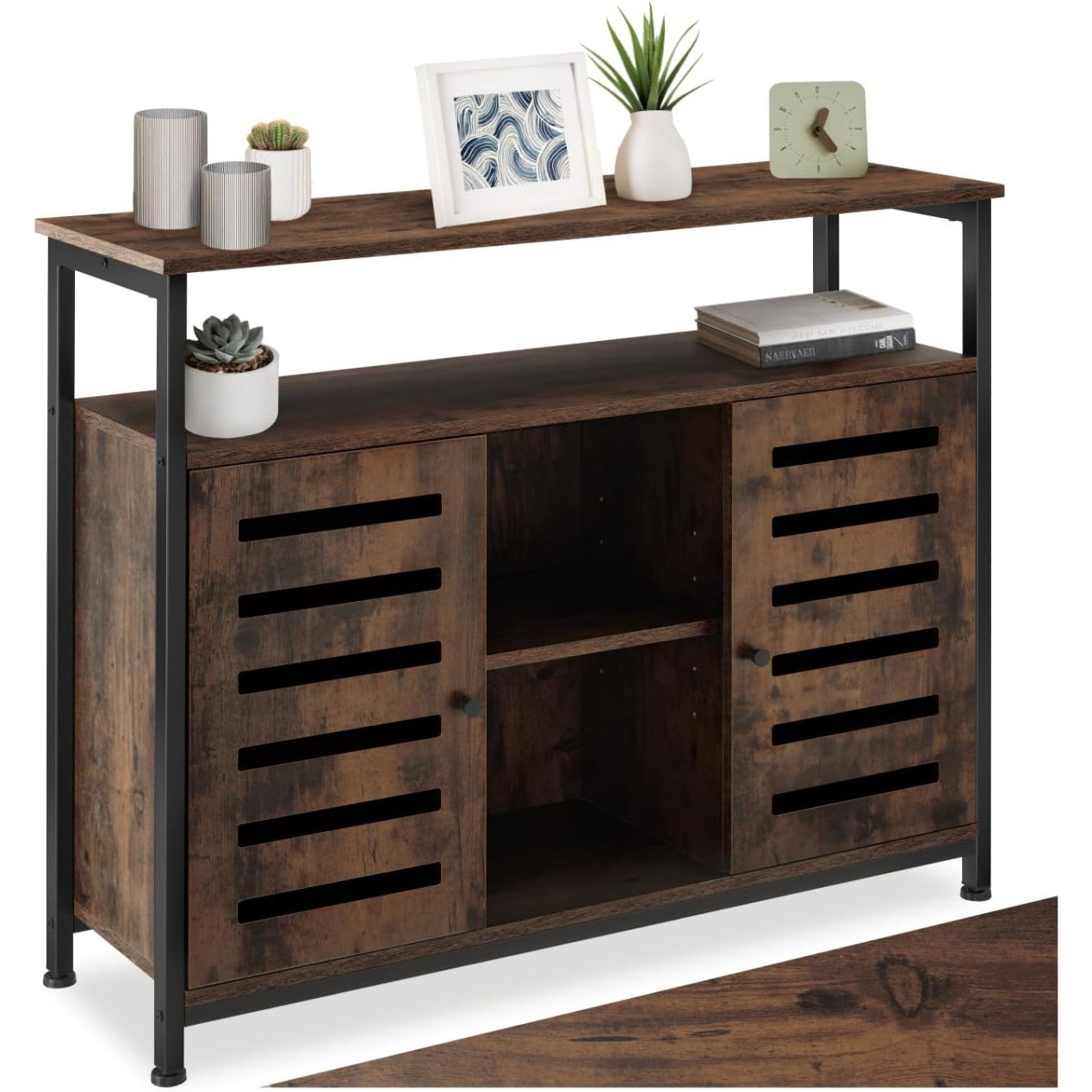 Bahut industriel en finition bois fonc e avec portes,  etag eres et grand volume de rangement
