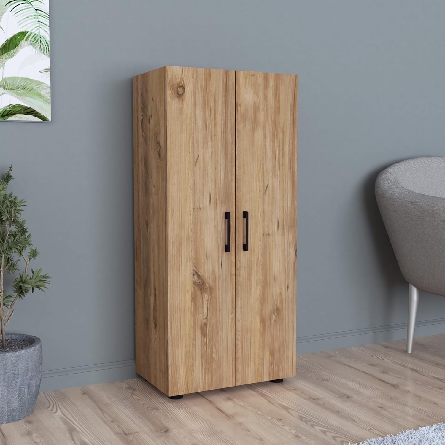 Armoire polyvalente effet chene avec deux portes et trois  etag eres pour chambre, bureau ou entr ee