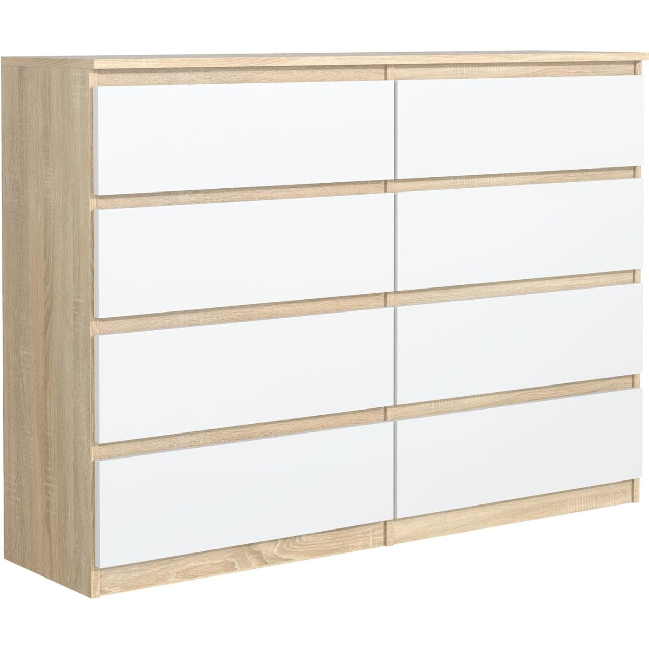 Commode 120 cm avec 8 tiroirs, meuble de rangement spacieux pour chambre, entr ee ou salon, finition blanc Sonoma