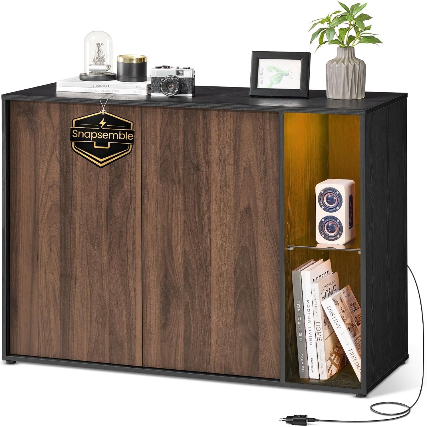 Buffet moderne avec  eclairage int egr e,  etag ere en verre et montage sans outils, meuble de rangement minimaliste en noyer naturel et noir