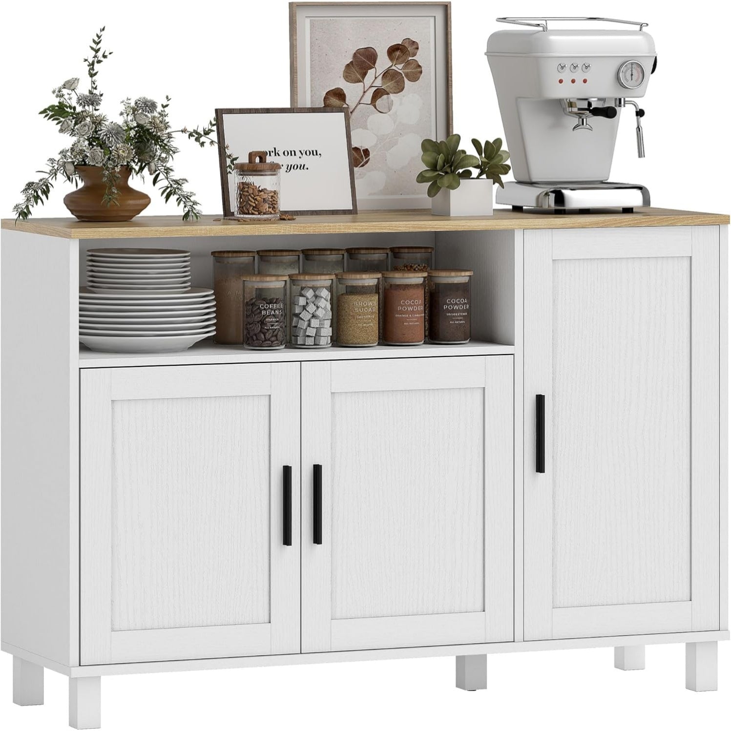 Buffet contemporain blanc avec trois portes a fermeture douce, niche ouverte et  etag eres ajustables