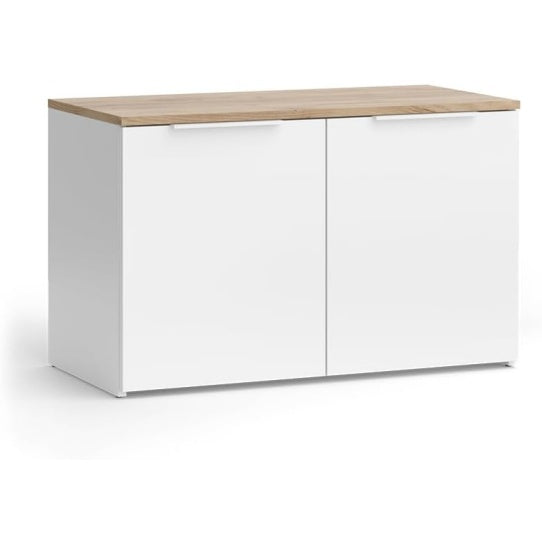 Meuble de rangement blanc et chene Sonoma a deux portes pour salon ou chambre