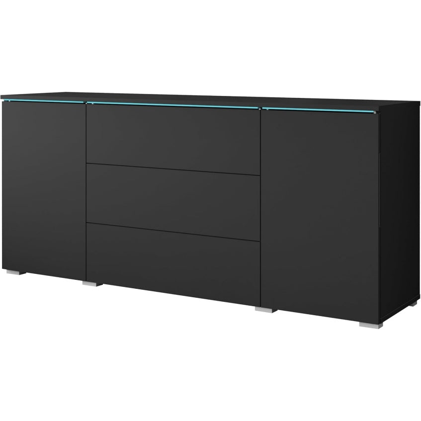 Commode de salon de cent cinquante centim etres avec  eclairage LED en option et finition noir mat