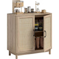 Buffet esprit boh eme avec portes en rotin, tablette r eglable et finition chene naturel