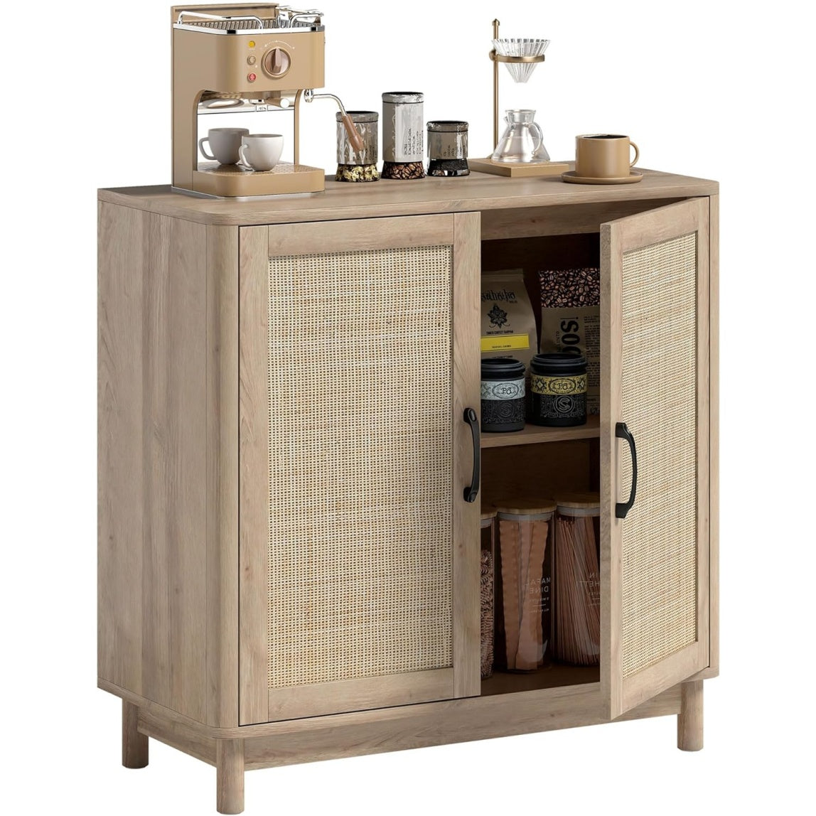 Buffet esprit boh eme avec portes en rotin, tablette r eglable et finition chene naturel