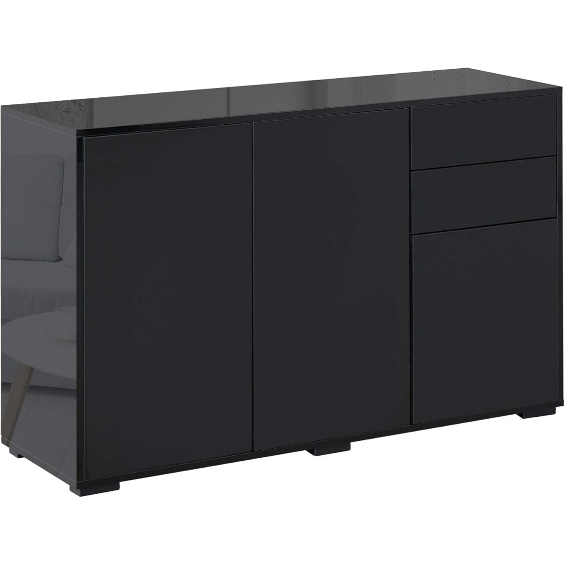 Bahut de salon noir avec trois portes, deux tiroirs coulissants et tablette reglable, dimensions 117 x 36 x 74 cm