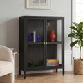 Buffet noir en acier avec verre stri e et espace de rangement compact