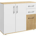 Buffet contemporain 90 x 30 x 75,5 cm avec 3 portes, 2 tiroirs et  etag ere r eglable, meuble de rangement blanc et bois