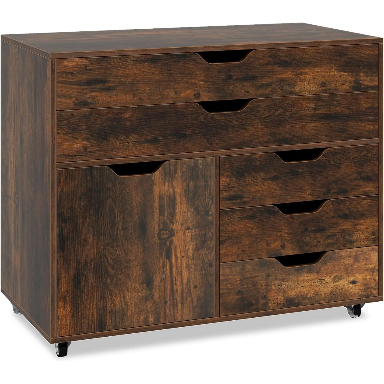 Caisson de bureau mobile avec 5 tiroirs, placard lat eral et roulettes avec freins, meuble de rangement multifonction aspect bois