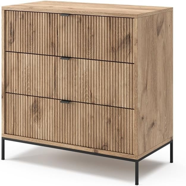Commode compacte avec trois tiroirs en d ecor chene pour organiser le salon ou la chambre