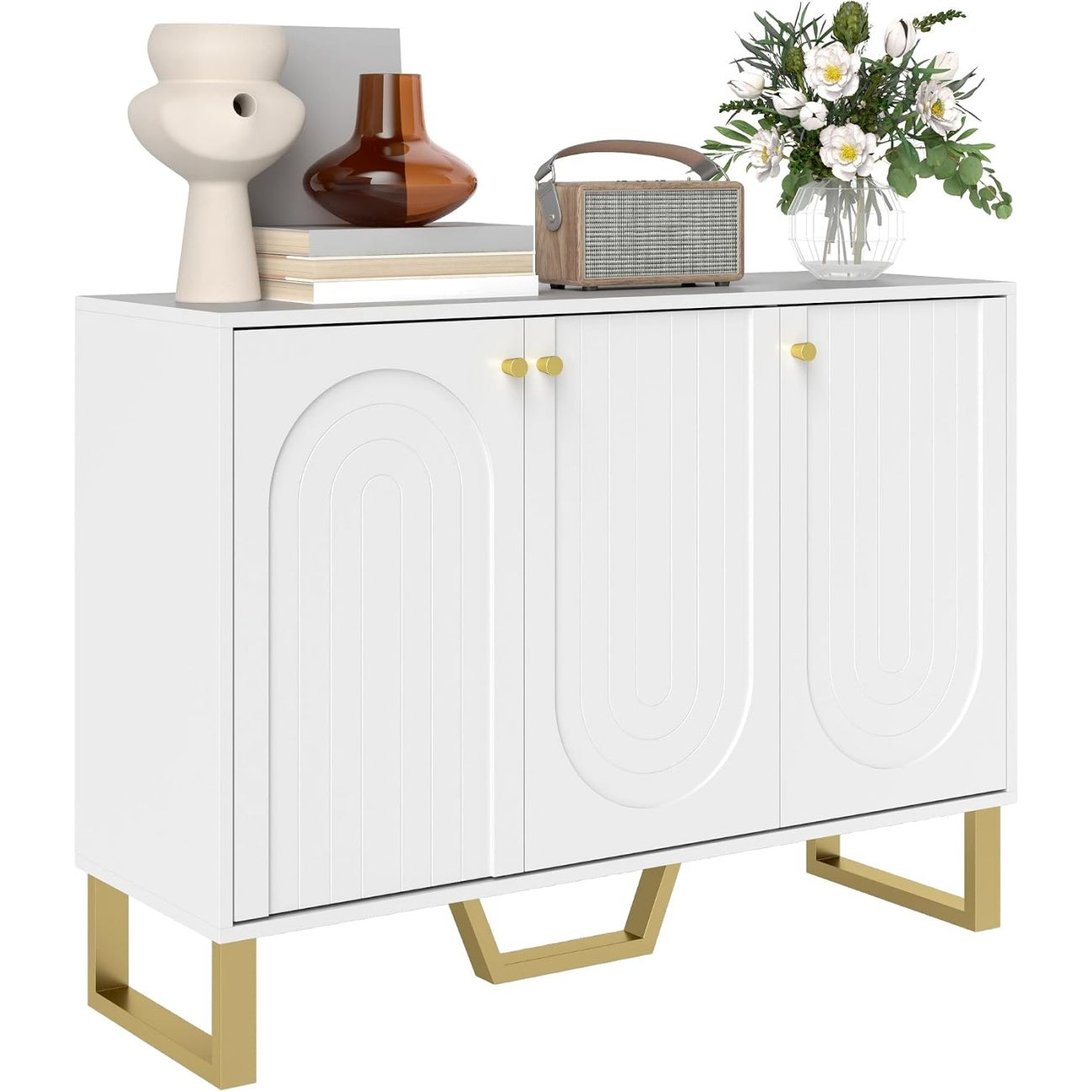 Buffet moderne blanc avec placard a portes,  etag ere r eglable et fonction meuble TV