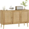 Buffet avec portes en cannage, etagere reglable et structure en bois, meuble de rangement 120 x 40 x 75 cm, bois naturel