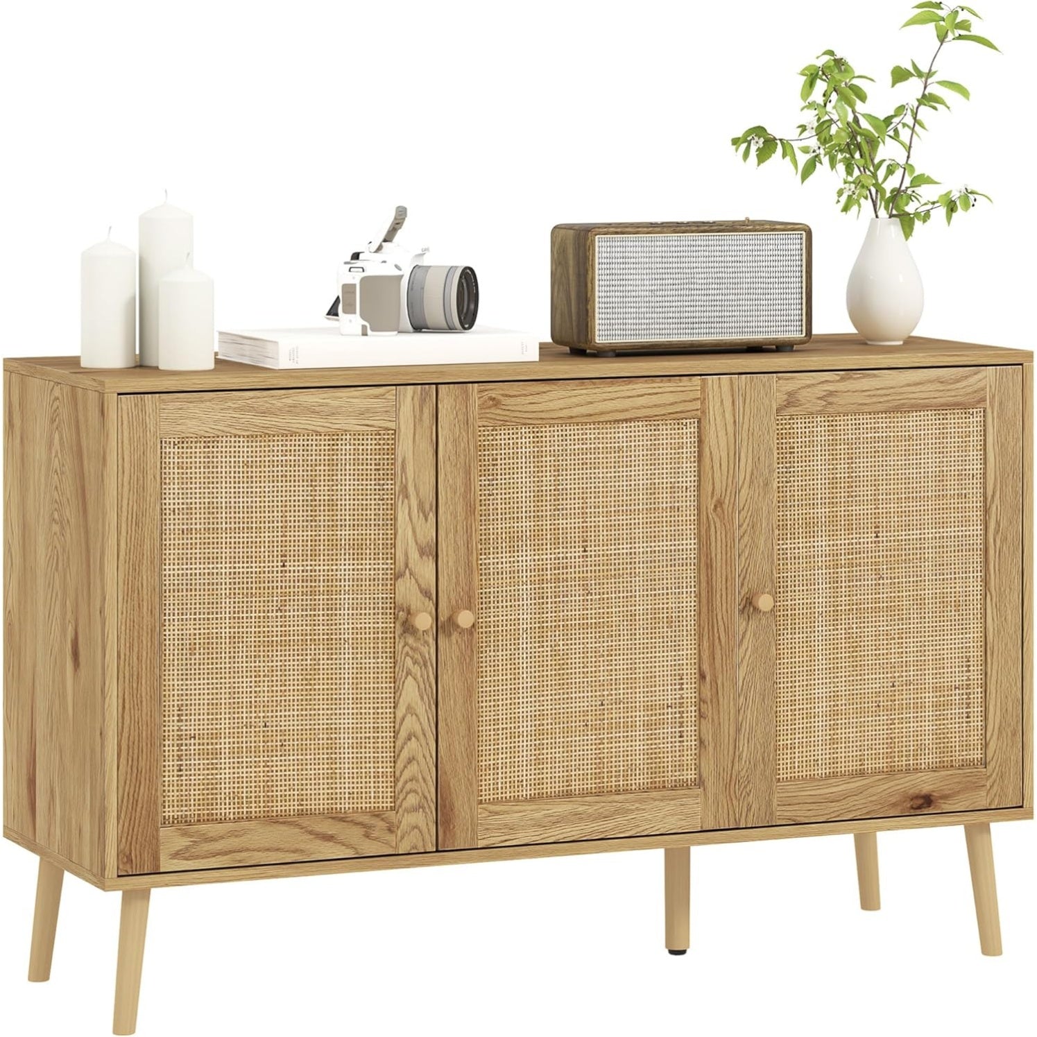 Buffet avec portes en cannage, etagere reglable et structure en bois, meuble de rangement 120 x 40 x 75 cm, bois naturel