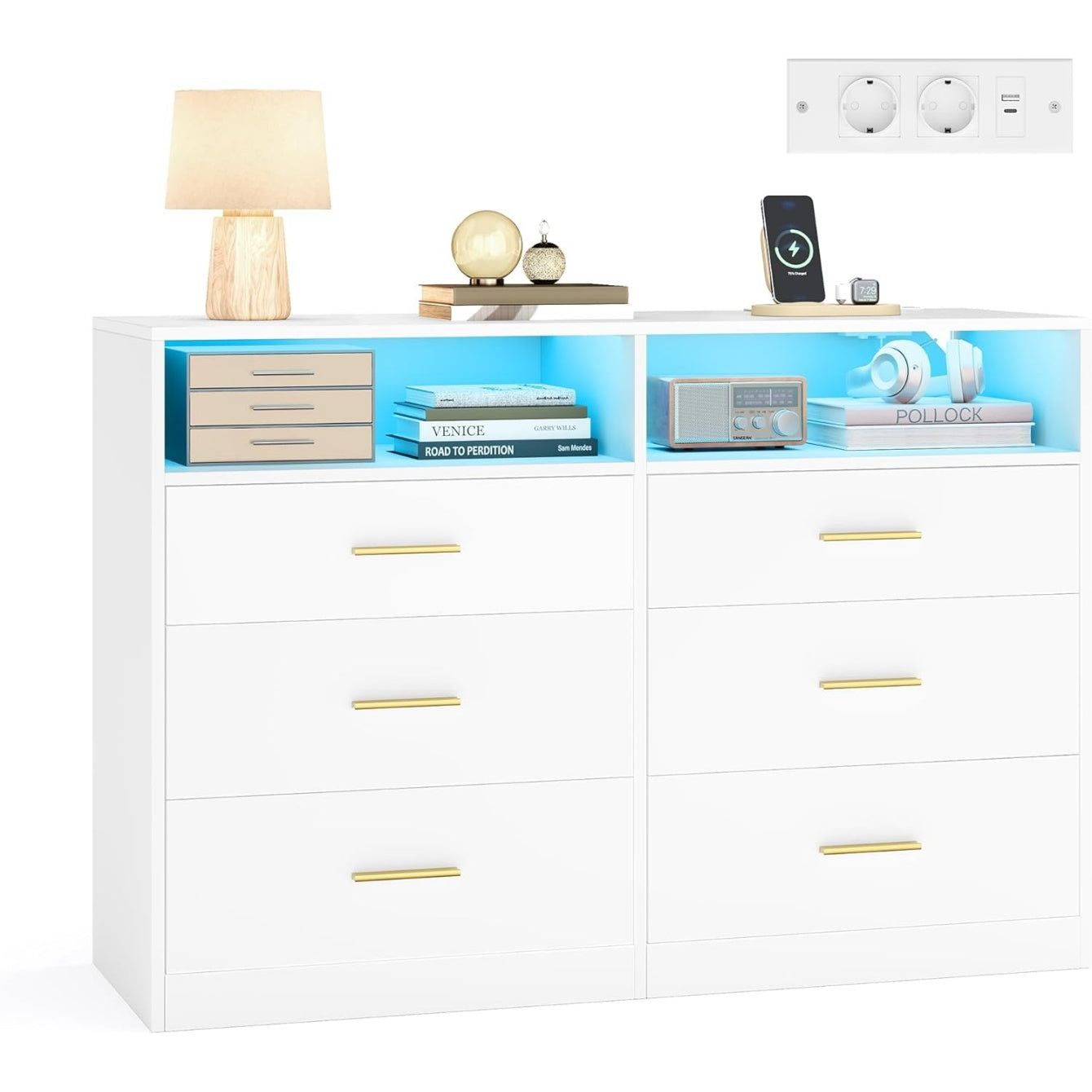 Commode moderne avec 6 tiroirs,  eclairage LED et multiprise int egr ee, meuble de rangement blanc pour chambre ou salon