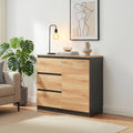 Buffet rustique noir et chene avec une porte, trois tiroirs et nombreux espaces de rangement