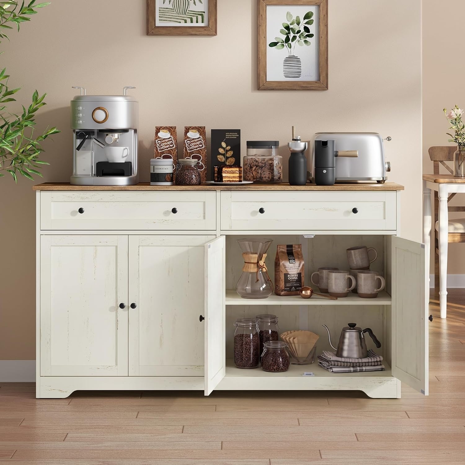 Buffet campagnard avec 4 portes, 2 tiroirs et etageres ajustables, meuble de cuisine blanc