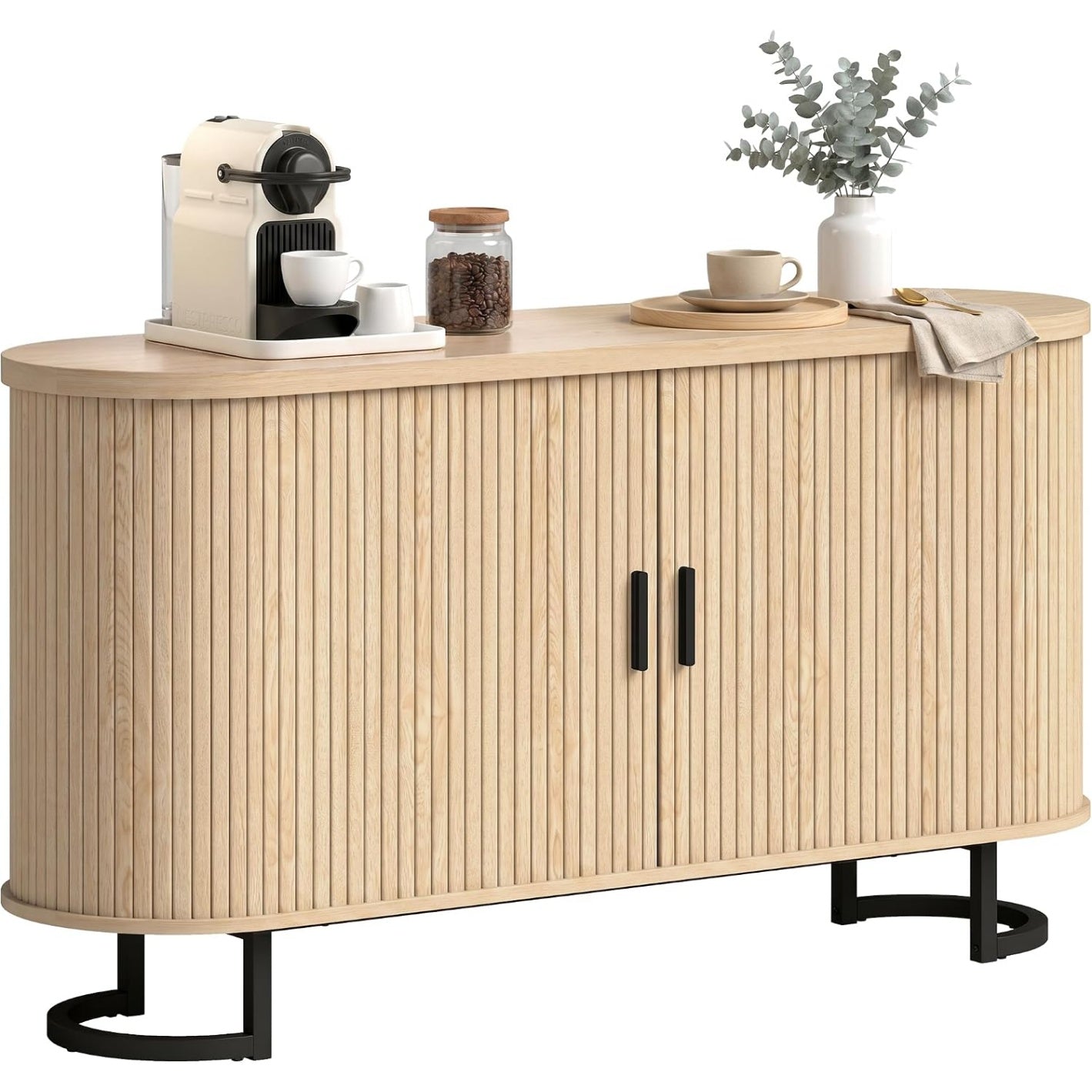 Buffet ovale avec 2 portes coulissantes, etageres reglables et meuble TV jusqua 60 pouces, bois naturel 140 x 40 x 75 cm