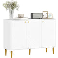 Buffet contemporain blanc avec trois portes sculpt ees, deux placards et pieds en acier dor e