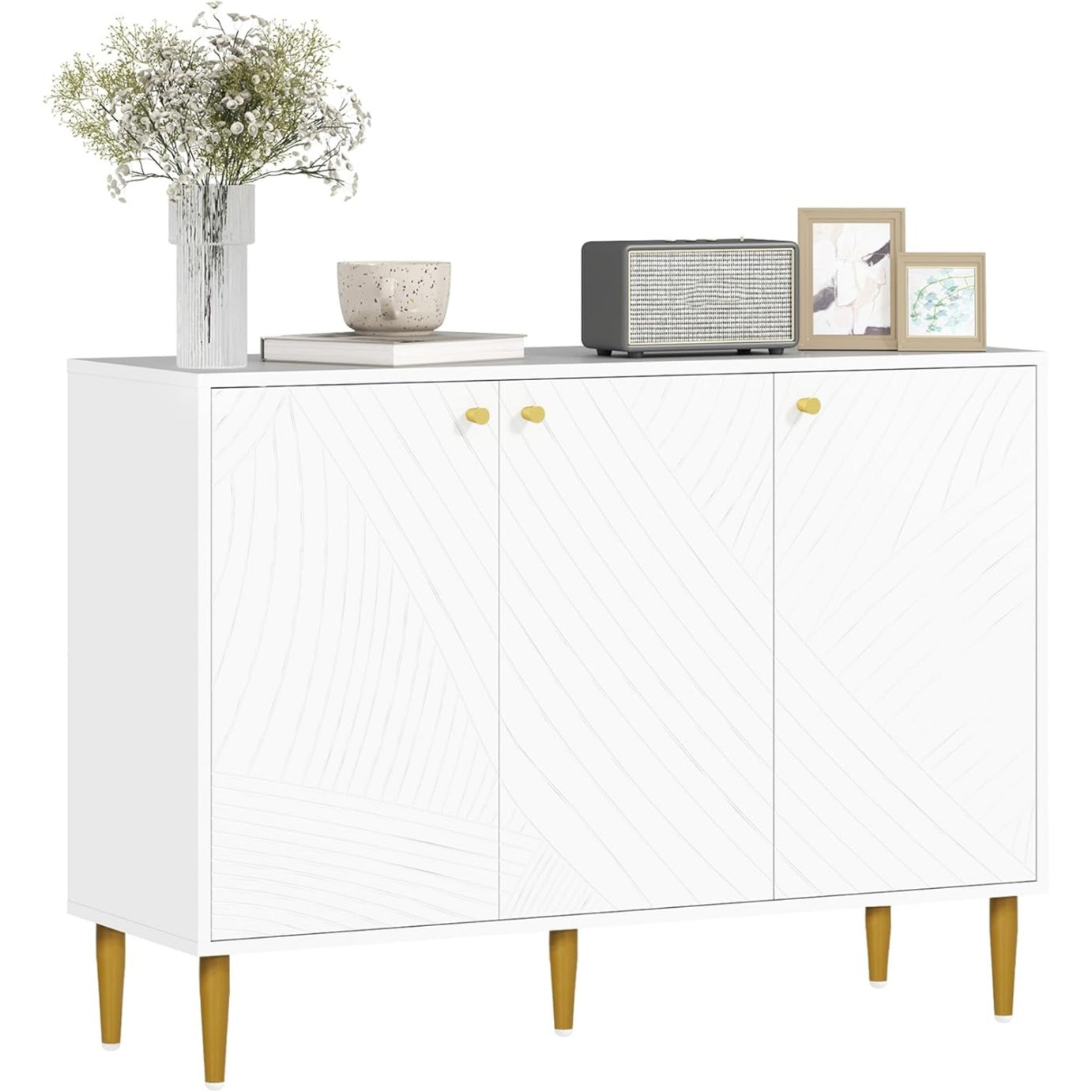 Buffet contemporain blanc avec trois portes sculpt ees, deux placards et pieds en acier dor e