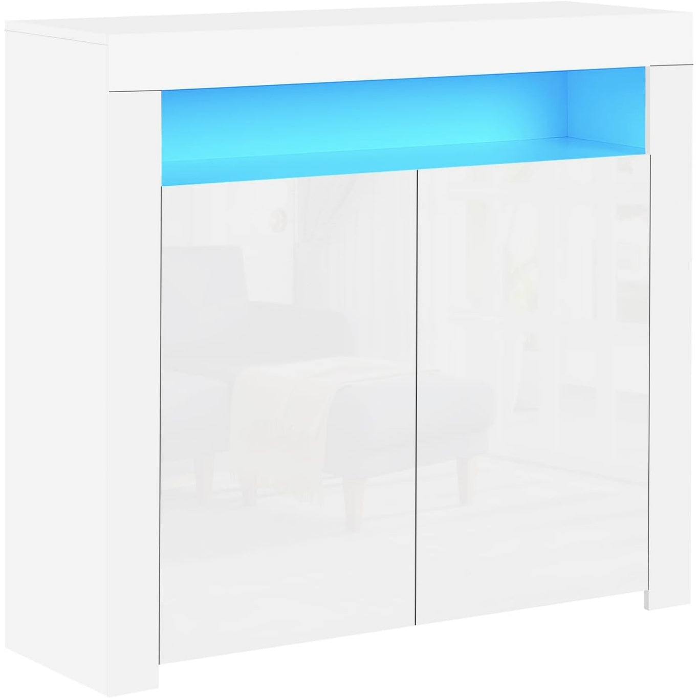 Commode blanche avec  eclairage LED, quatre compartiments ouverts et deux portes de rangement