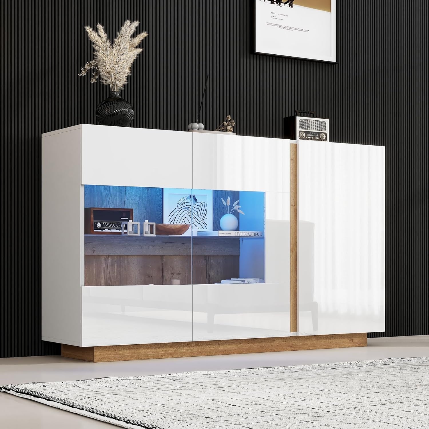 Buffet LED avec 3 portes en bois et verre, meuble de rangement contemporain finition blanc brillant