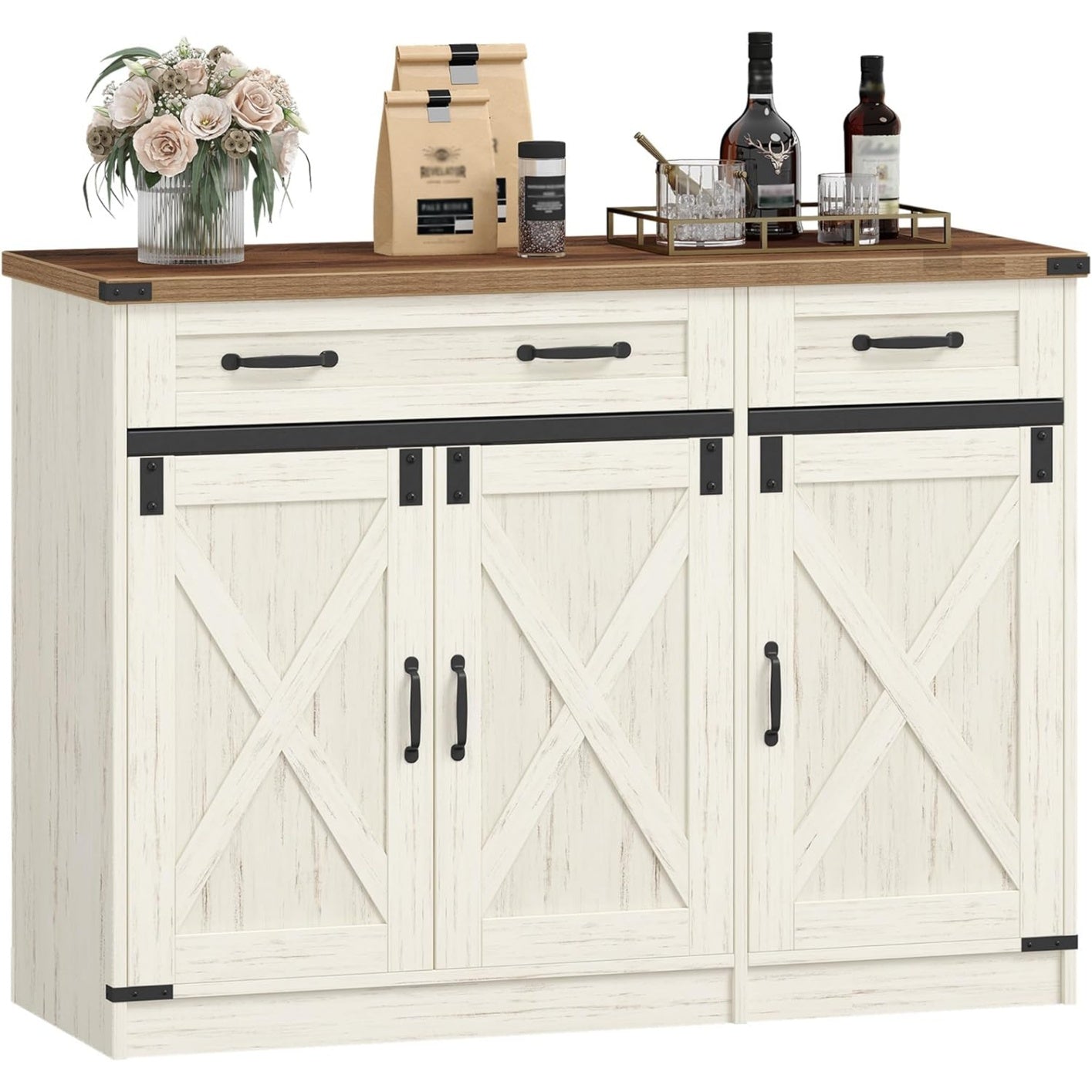 Buffet style cottage avec 2 tiroirs, 3 portes et etageres reglables, meuble de cuisine 40 x 108 x 80 cm, blanc rustique et marron miel