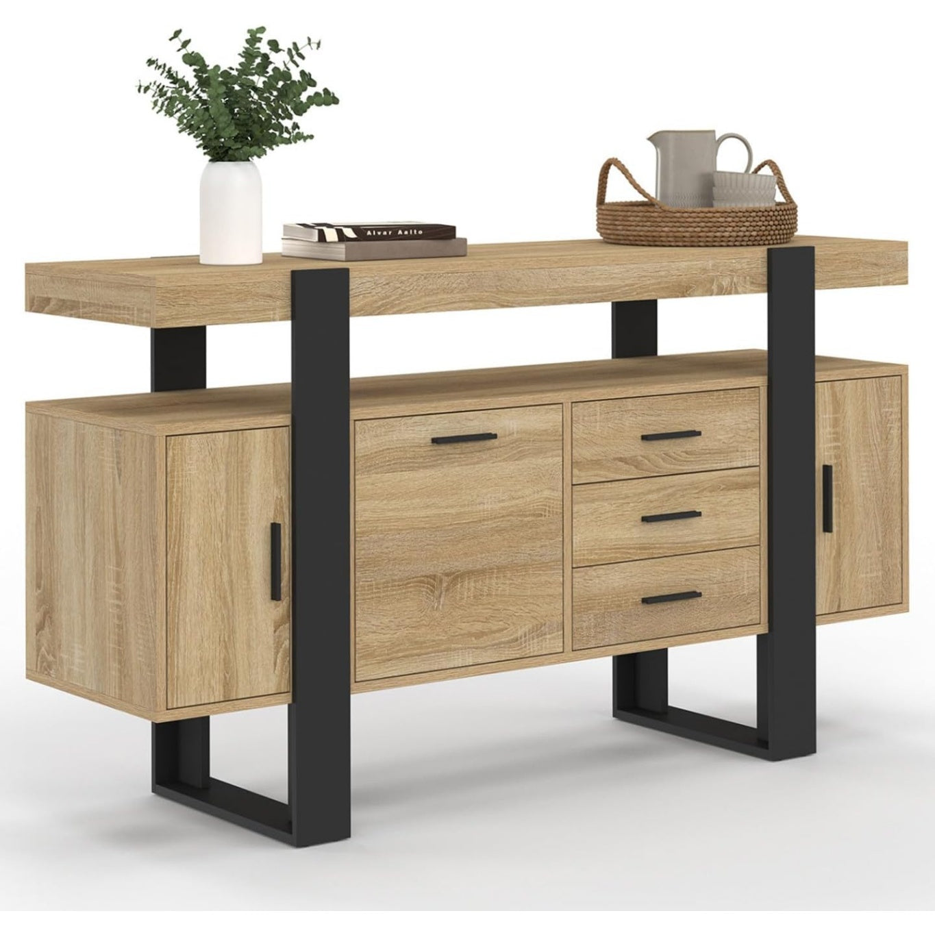Buffet industriel 140 cm avec trois portes, trois tiroirs et finition bois noir