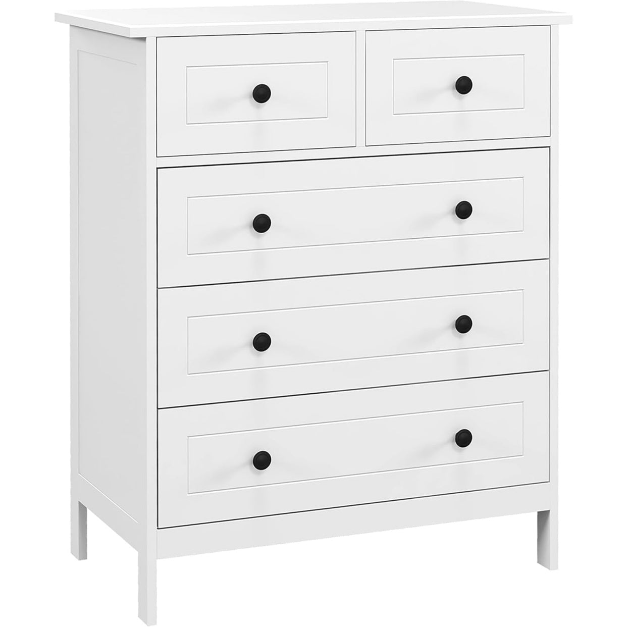Commode blanche avec cinq tiroirs et poign ees m etalliques, style contemporain
