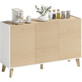 Buffet nordique avec 3 portes a fermeture douce, 6 compartiments et meuble TV compatible jusqua 50 pouces, bois naturel et blanc